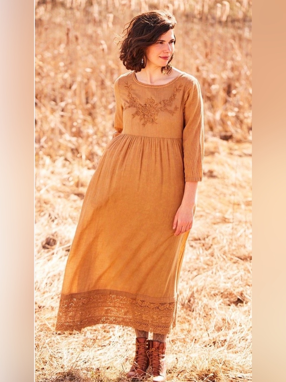 NWT April Cornell Dress Gold Cotton Prarie Cottage Butter Mom Embroidered Sz S